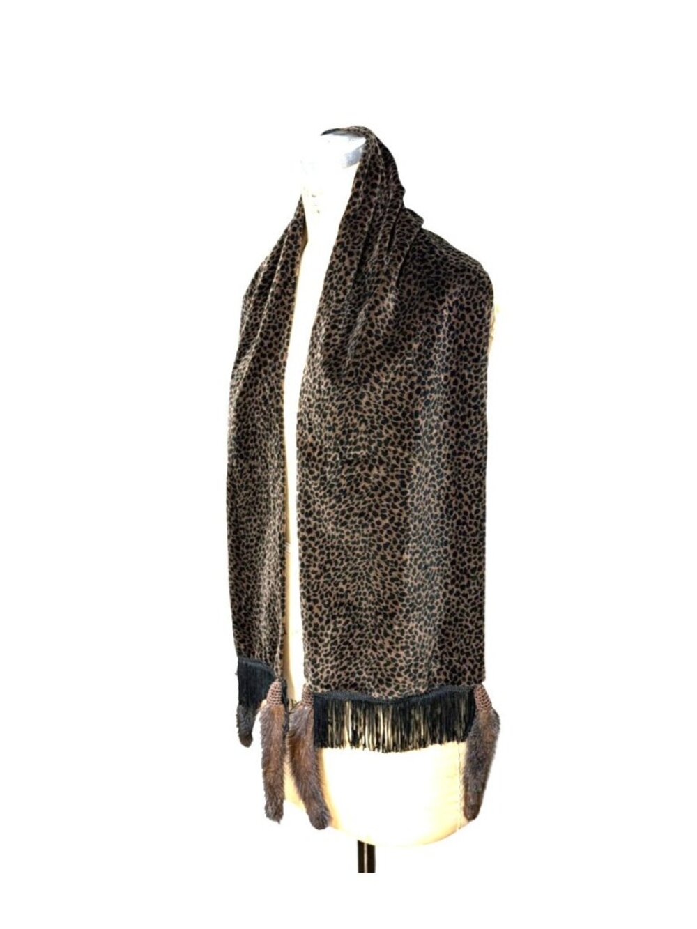 Vintage 1980s leopard print velvet stole wrap with fringe and mink tails